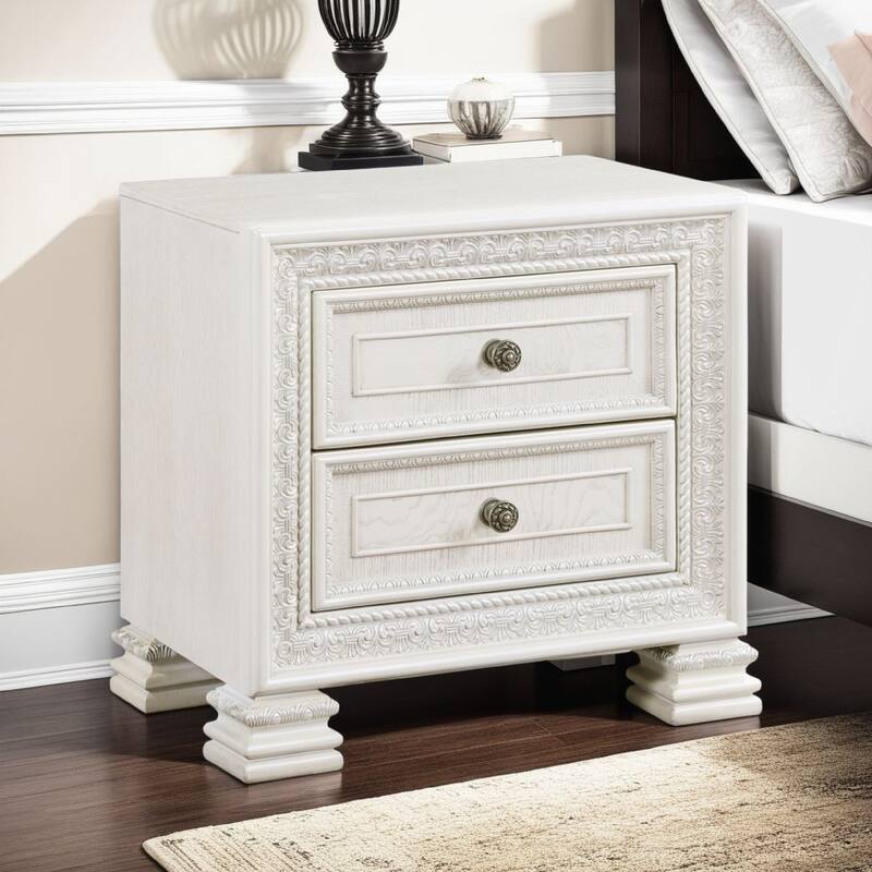 Rotu Nightstand, 2 Drawers Rope Molding, White Ash Veneer, 28 Inch