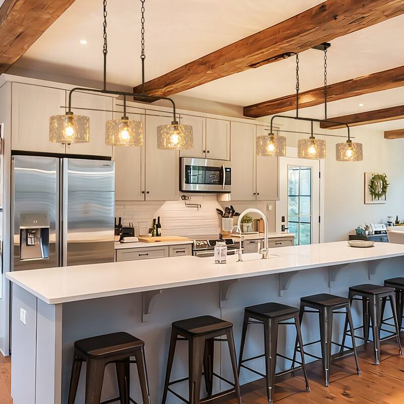 Modern 3-Light Black Pendant Light with Water Ripple Glass Shades for Dining and Living Room