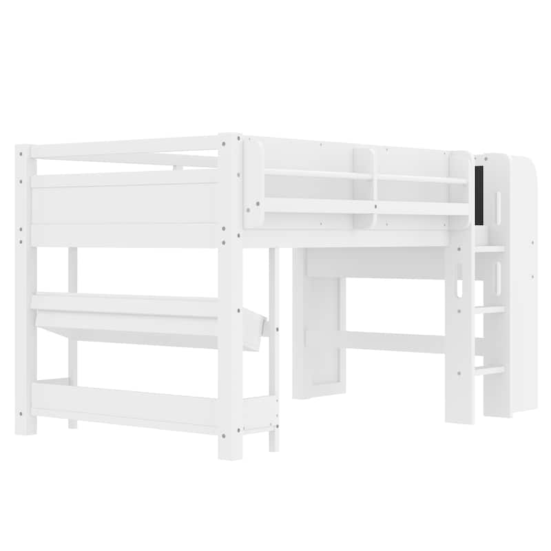 Twin Loft Bed with Multi-storage Bookcases, Boxes and Drawers, Solid Wood Low Loft Beds with Desk and Blackboard