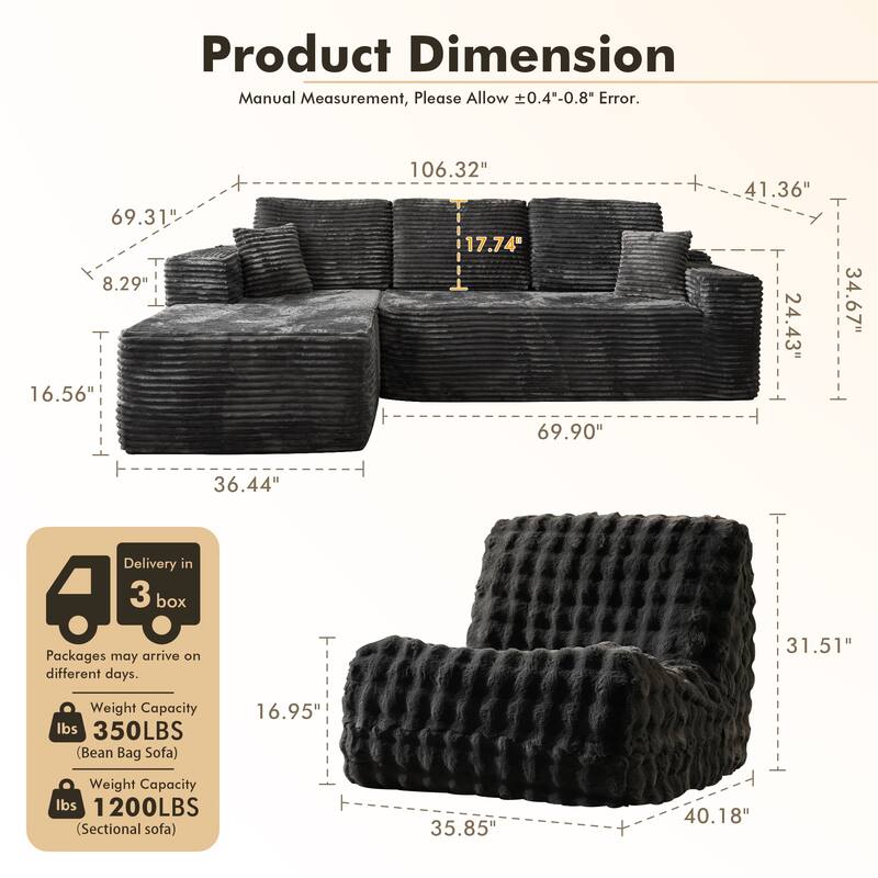 XIZZI Modern Plush Sectional Chaise Couch with Bean Bag Chair