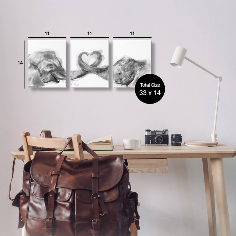 Stupell Elephant Trunk Heart Jungle Animal Illustration, 3pc Multi Piece Canvas Wall Art Set