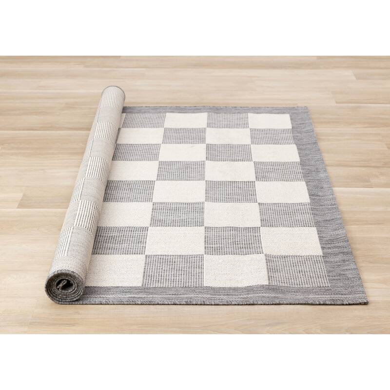 Jackson Collection - Grey Cream Border Checkerboard Indoor Outdoor Area Rug