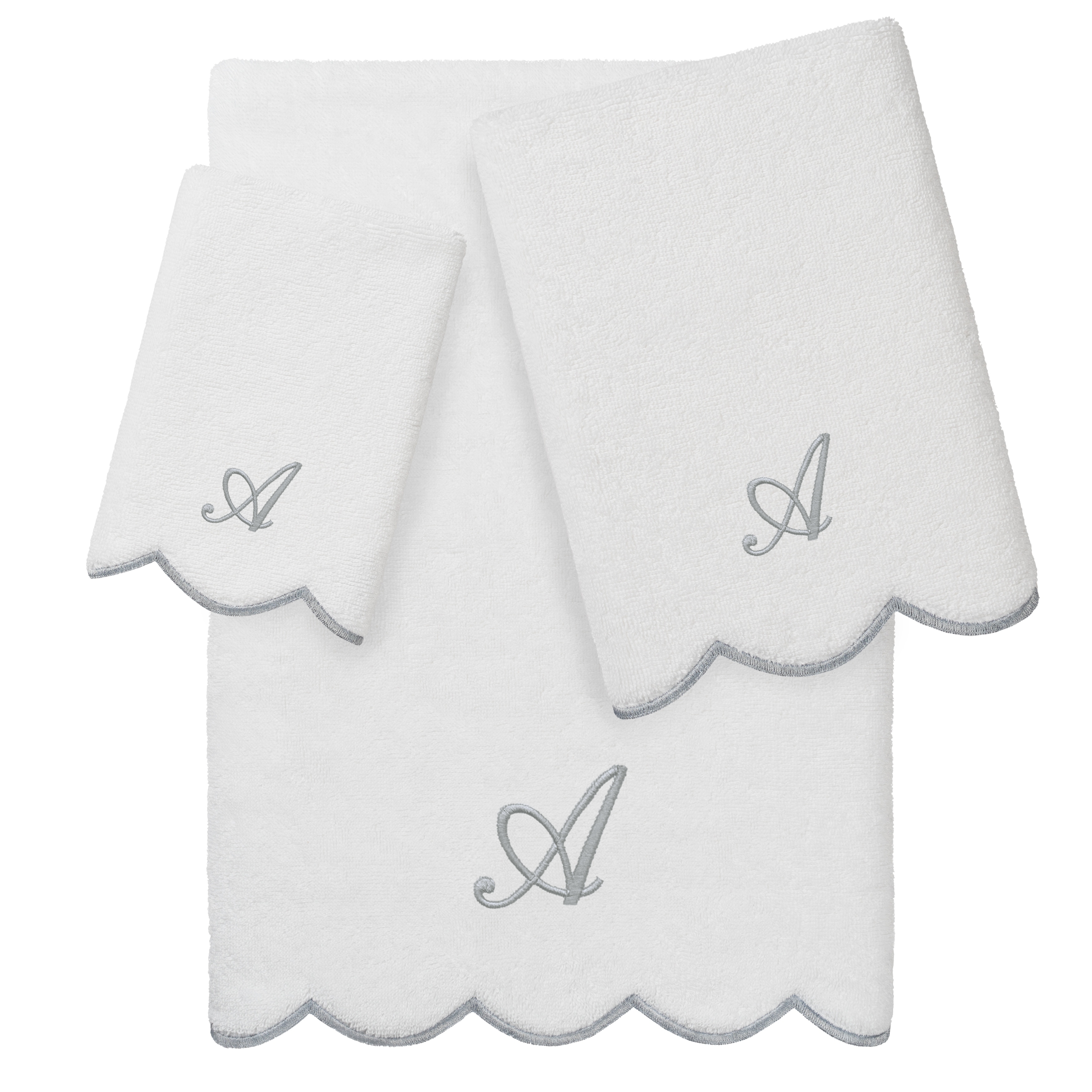 Authentic Hotel and Spa 100% Turkish Cotton Grey ADORNIA Scallop Personalized 3 Piece Towel Set - 3 Piece Set