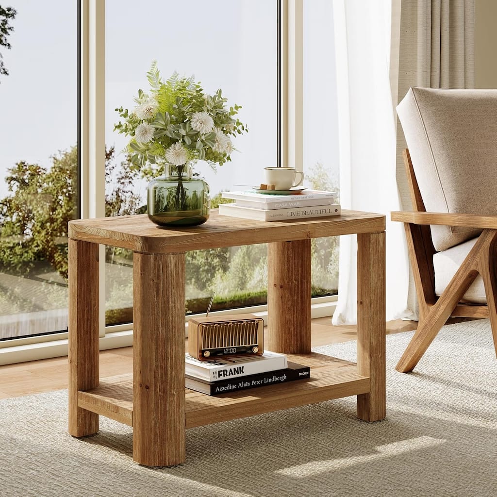 2-Tier Solid Wood End Table, Farmhouse Side Table with Storage Shelf, Rectangle Bedside Nightstand