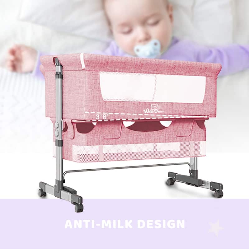 Adjustable Height Baby Bedside Sleeper Crib with Removable Mosquito Net Cover and Wheels