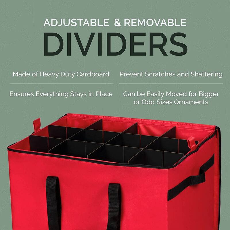 Christmas Ornament Storage Container - Heavy Duty 600D Tear Resistant Material, Zippered, Adjustable Dividers