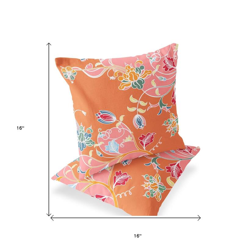 HomeRoots Set of Two 16" X 16" Pink and Orange Blown Seam Floral Indoor Outdoor Throw Pillows - 16.00' X '16.00' X '5.00
