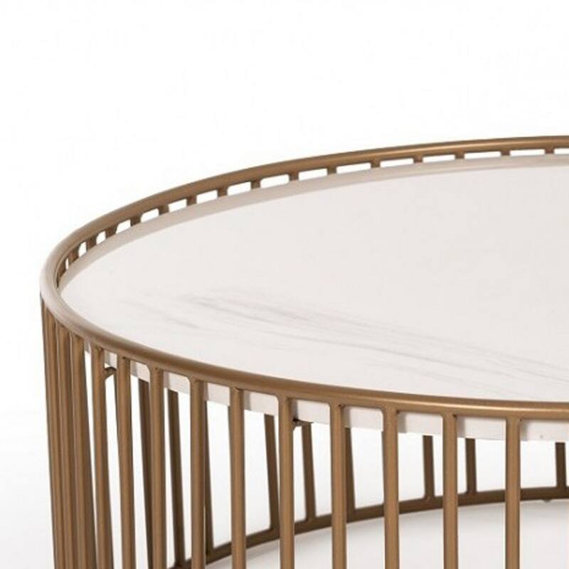Round Slated Metal Coffee Table with Faux Marble Tray Top, Gold and White