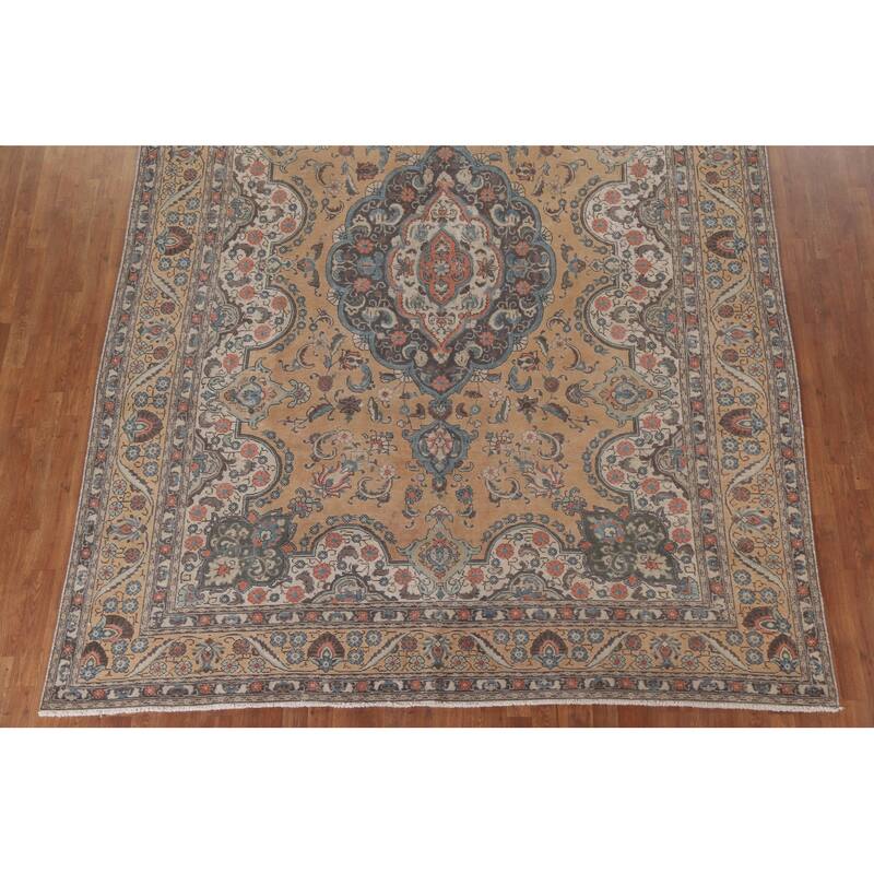 Hand Knotted Oriental 100% Wool Carpet Traditional Floral Peach Mashad Area Rug - 12' 7'' X 8' 10''
