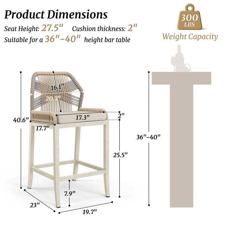 2 Set Modern Aluminum Twill Wicker Woven Outdoor Bar Stool Chair Set, Counter Height Stool with Back and Cushion - 40.6"H