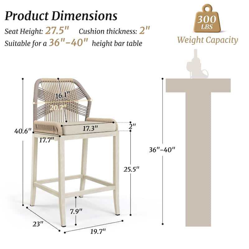 2 Set Modern Aluminum Twill Woven Outdoor Bar Stool Chair Set, Counter Height Stool with Back and Cushion - 40.6"H
