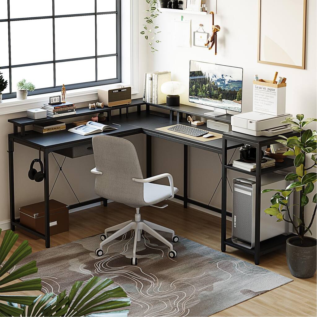 68" Home Office Desk with File Drawer & Power Outlet, LED Lights