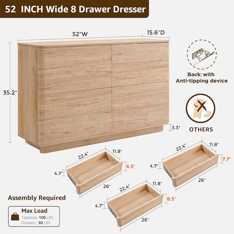 Modern 8 Drawer Dresser for Bedroom, Handle-less Wooden Dressers