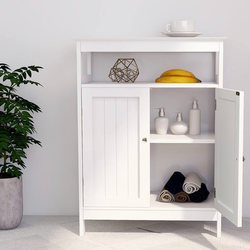 Anmytek White Bathroom Storage Cabinet with Double Louvered Shutter Doors and Shelves - White