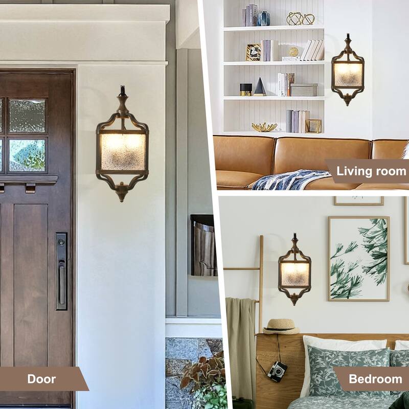 CurveCurio 17" Antique Matte Black Wall Light Metal Farme w/ Glass Shade and Solid Wood Shade, 3 Light Wall Sconces - 12"*8"*17"