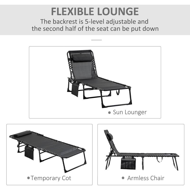 Outsunny Reclining Chaise, Portable Sun Lounger, Folding Camping Cot with Adjustable Backrest and Removable Pillow