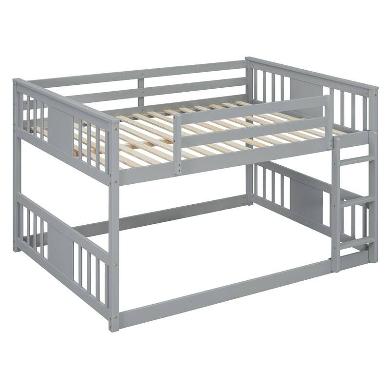 Low Bunk Beds Full Over Full Wood Bunk Bed Frame Floor Bunkbed for Kids Toddlers Boys Girls Teens' Bedroom Dorm