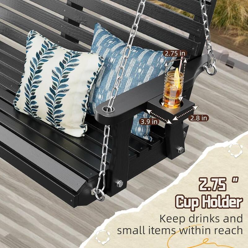 2-Seat Outdoor Wooden Porch Swing Bench with Hanging Chains & Wide Armrests & Cup Holder