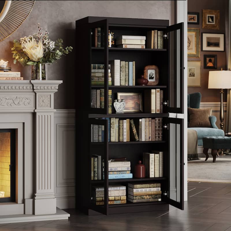 Palace Imports Premium 100% Solid European Oak Hardwood 6-Shelf Modular Bookcase with Tinted Glass Doors - 32" Wide, 71.5" Tall