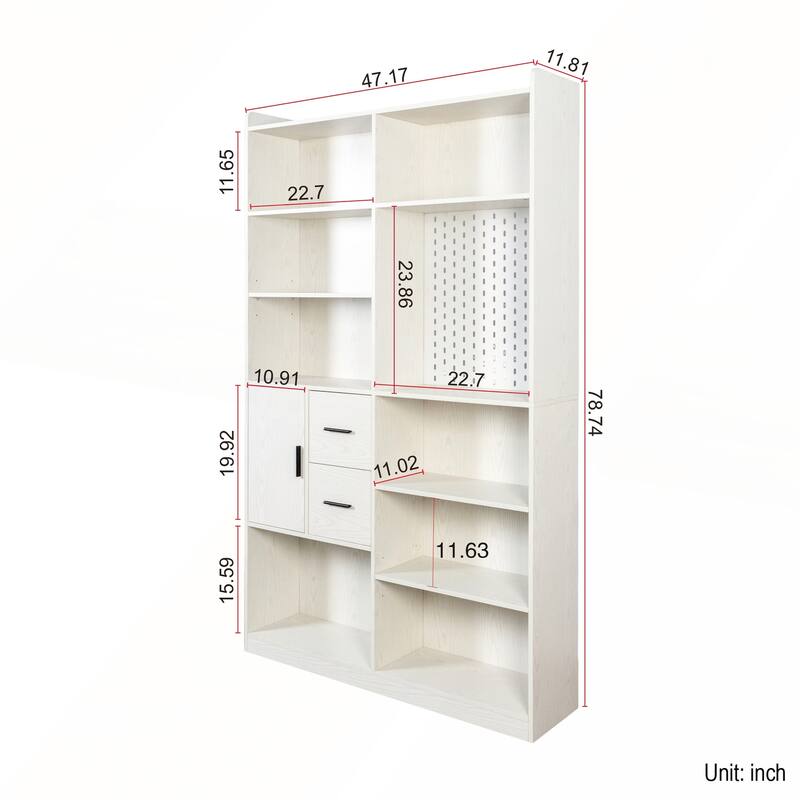 Modern Wide Wood Bookshelf and Bookcase with Pegboard and 9 Cubby Shelves for Living Room