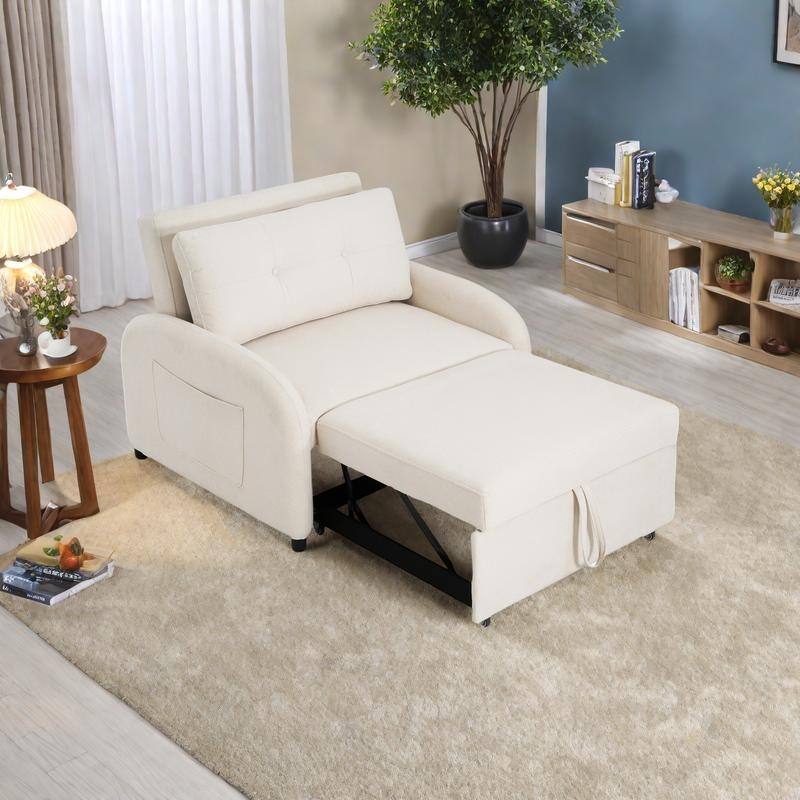 Cotton Linen 3-in-1 Sleeper Sofa Chair with Storage Pocket and Pillow - Beige