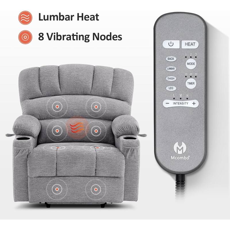 MCombo Recliner Chair Sofa with Massage and Heat, Fabric R7096 (Medium-Wide)