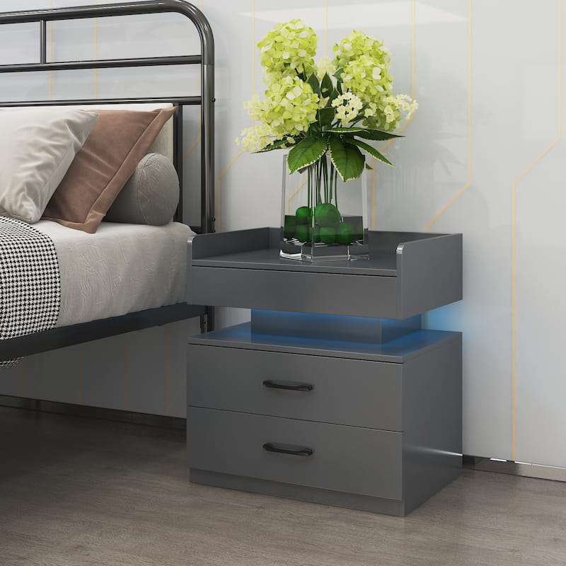 1 Set Nightstand with Adjustable LED Strip Light, 2-Drawers, Large Storage Space - Grey