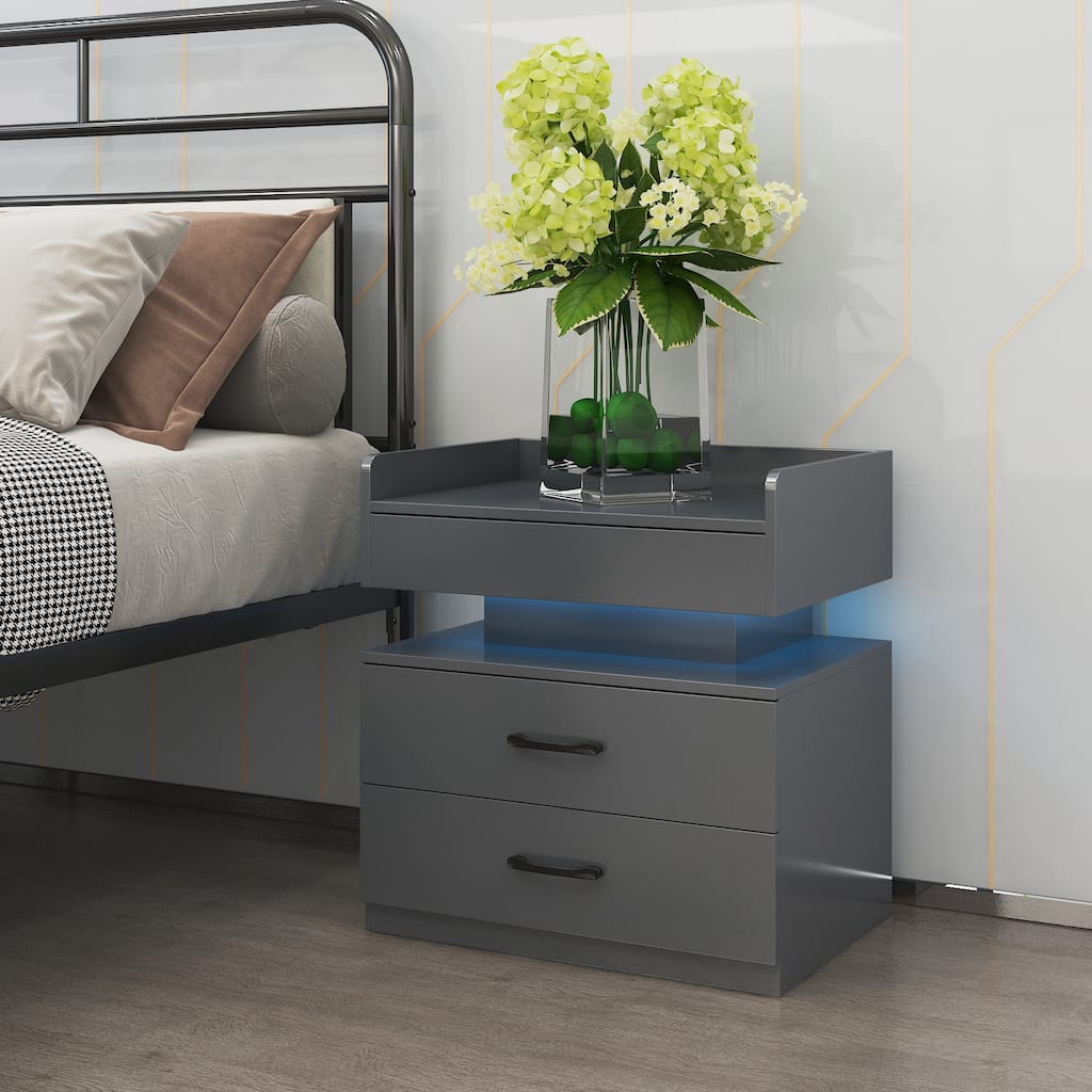 1 Set Nightstand with Adjustable LED Strip Light, 2-Drawers, Large Storage Space