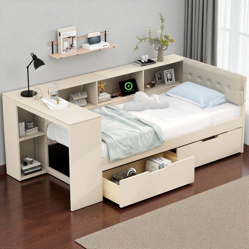 Wood Twin/Full Platform Bed with Upholstered Headboard, Storage Shelves, Drawers and Charging Station, No Box Spring Needed - Cream - Twin