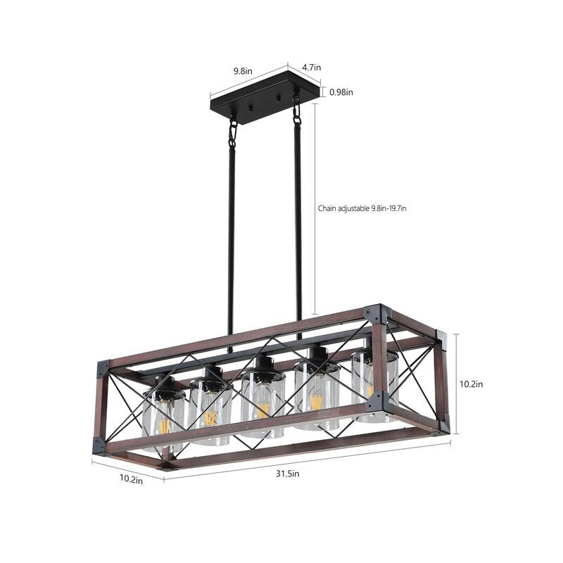 32-Inch Industrial Farmhouse Pendant Light in Red Wood - Five-Light Rectangular Chandelier with Fabric Lampshades(No Bulbs)