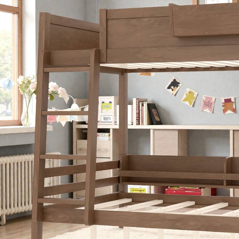 Wooden Bunk Bed Frame with Built-In Storage Shelves, Convertible to Two Beds, No Box Spring Needed