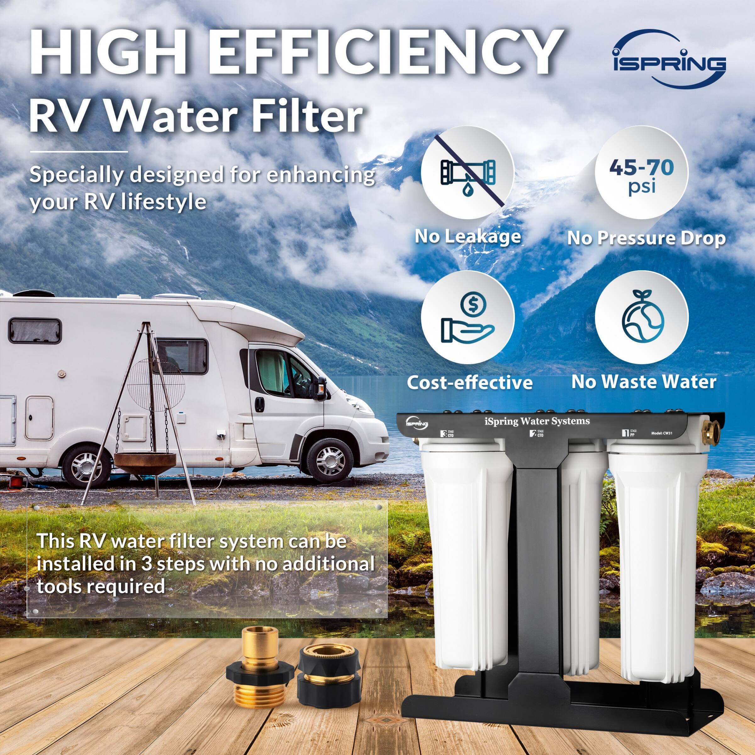 iSpring CW31 3Stage RV Water Filtration System for RV, Sediment filter