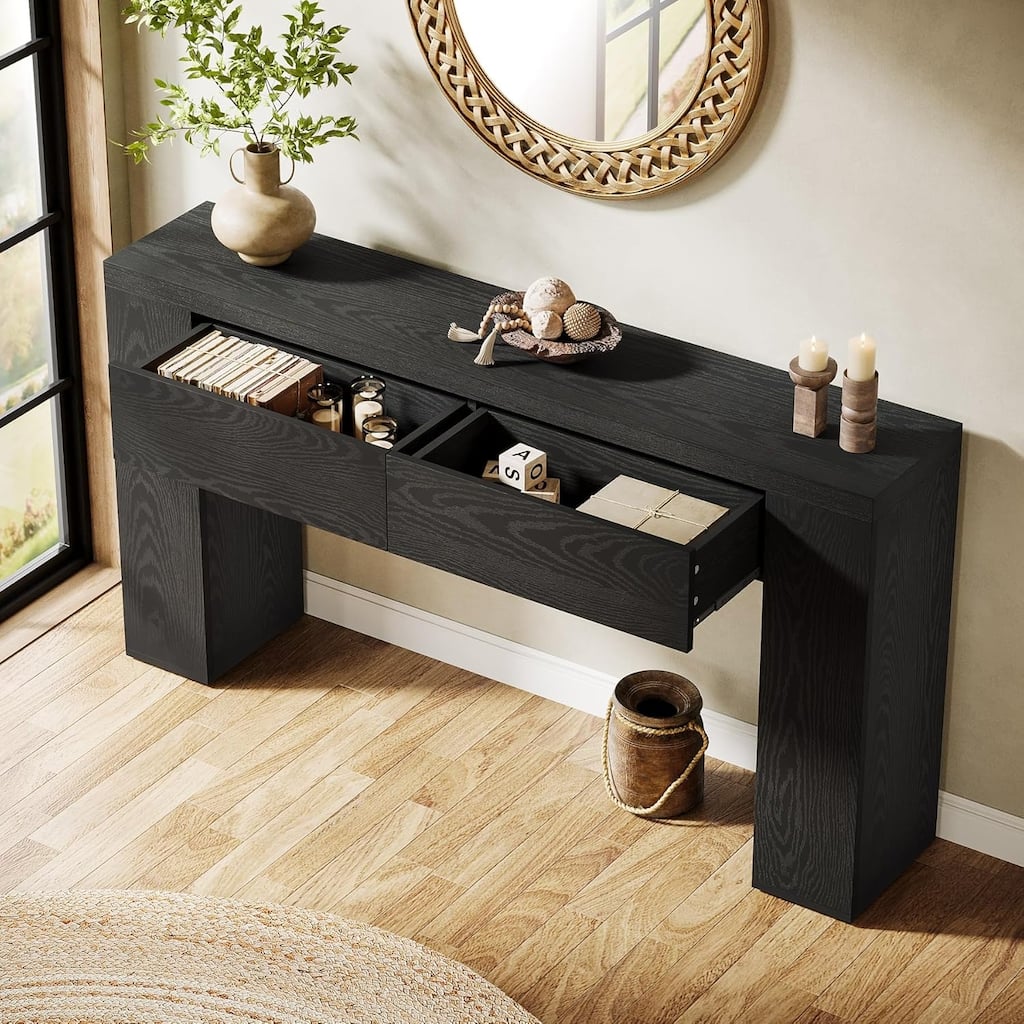63-Inch Wooden Console Table with 2 Hidden Drawers, Sofa Table for Living Room, Hallway, Entrance, Foyer