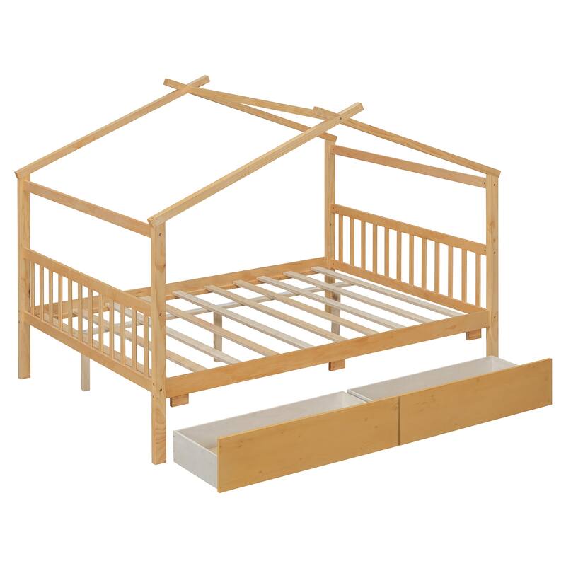Full Size Wooden House Bed with Drawers, 79.5"L x 57.1"W x 63.1"H, Natural