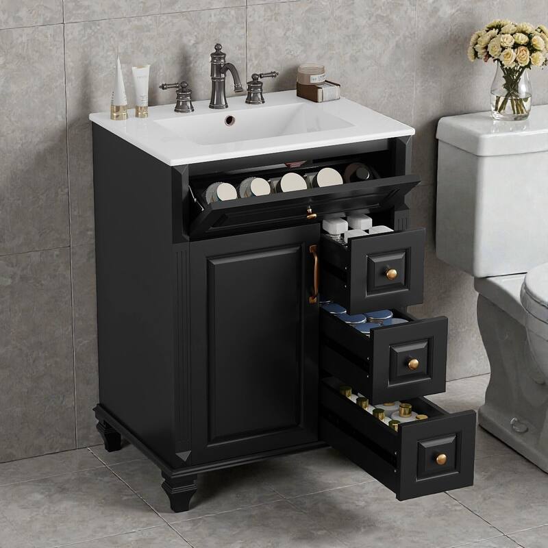 24 Inch Bathroom Vanity with Ceramic Sink, White Freestanding Vanity Cabinet with Flip-Out Drawer and Storage