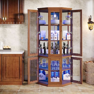 5 Ties Wine Cabinet with Doors & LED Lights, Brown - 23.62" W x 23.62" D x 70.8" H