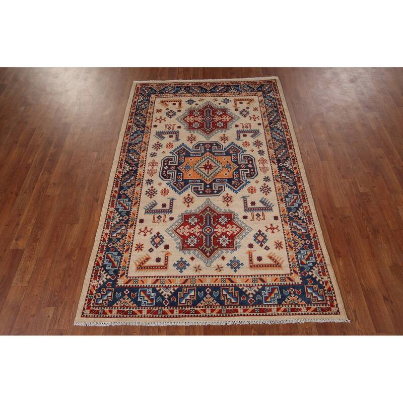 Geometric Beige / Ivory Kazak Accent Rug Hand-Knotted Wool Carpet - 4'0" x 6'1"