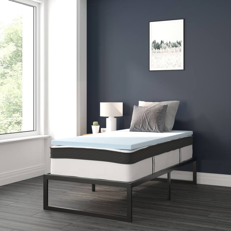 Platform Bed Frame; Pocket Spring Mattress & Memory Foam Topper - Black - Twin