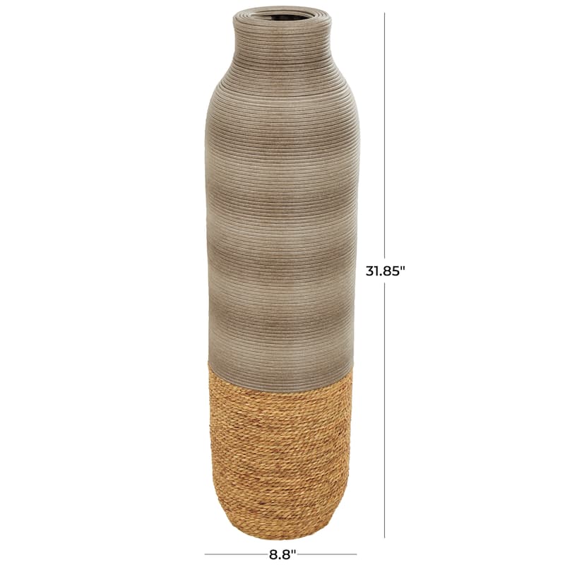 Brown Seagrass Handmade Ribbed Decorative Vase with Coiled Seagrass Base