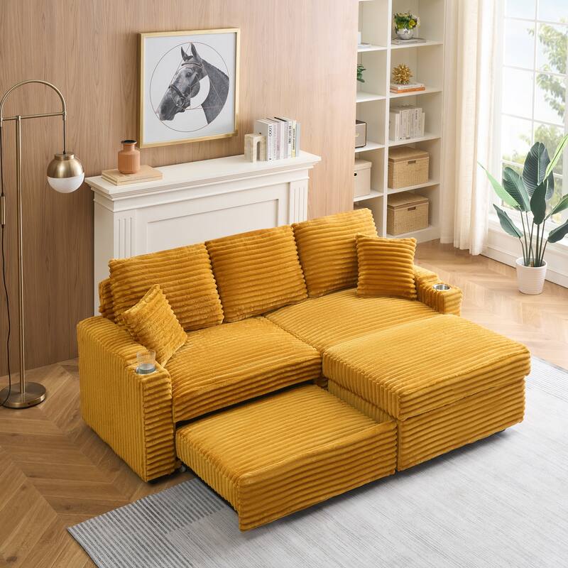 80-Inch Orange Corduroy Foldable Sofa with Cup Holders and Footrest