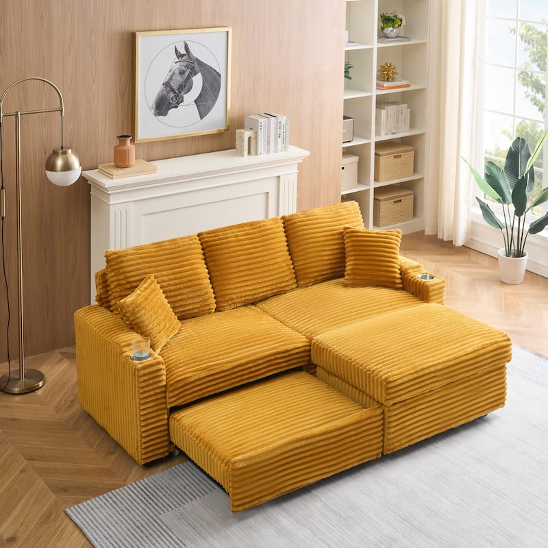 Multi-Function Corduroy Sectional Sofa Hidden Reclining Couch with Storage Ottoman Chaise Lounge, Pillows and Cup Holders - Orange