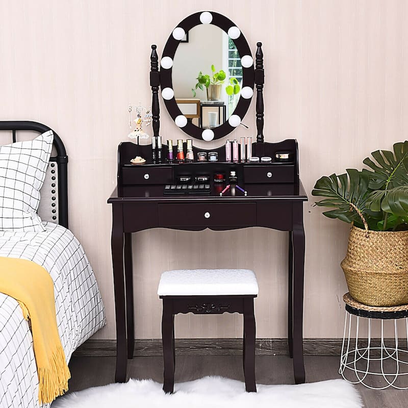 Oval Mirror Vanity Set with 10 LED Dimmable Bulbs and 3 Drawers - 29.5" x 16" x 56.5" (L x W x H)