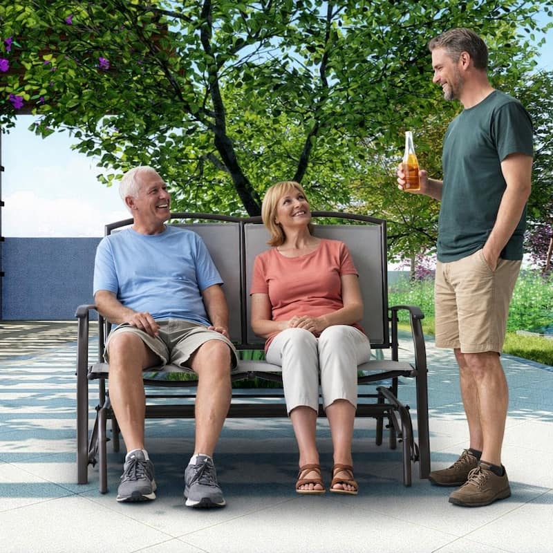 Kaycey 2-Person Brown Metal Outdoor Loveseat Glider with Mix Tan Sling - N/A