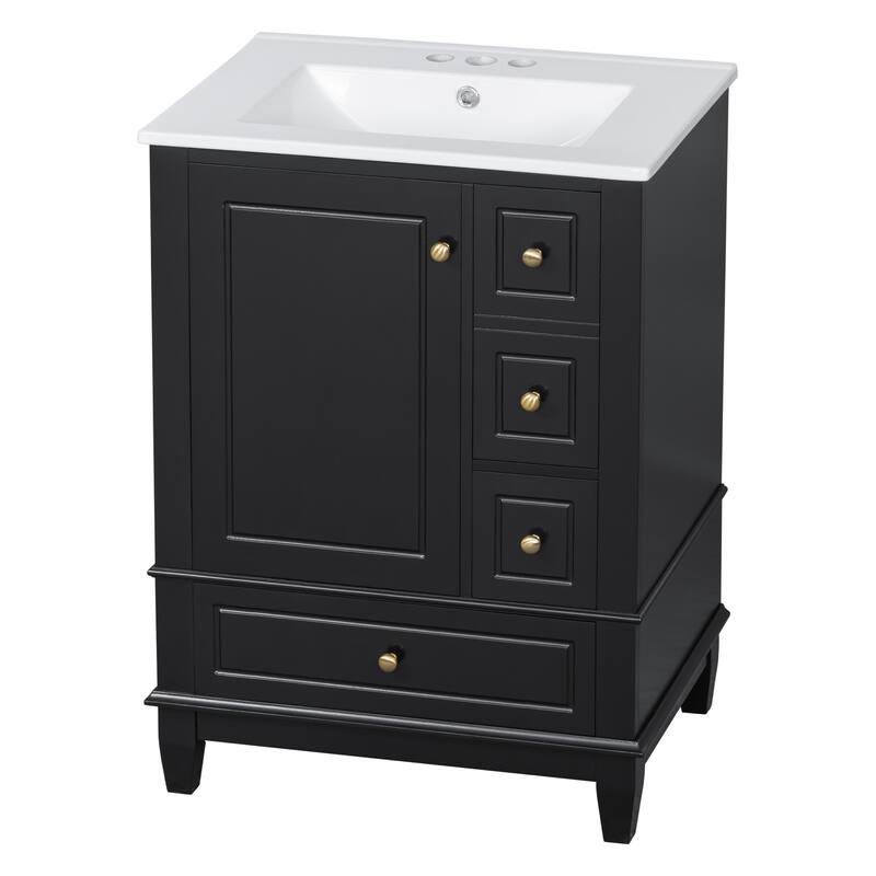 24" Bathroom Vanity With Sink And Drawers, Freestanding Vanity Cabinet With Ceramic Top And Storage Shelves, Modern Sink Cabinet