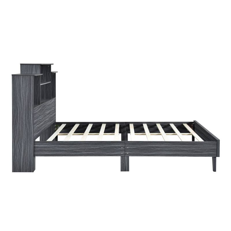 Storage Bed with Storage Headboard, Solid Wood Platform Bed with 4 ...