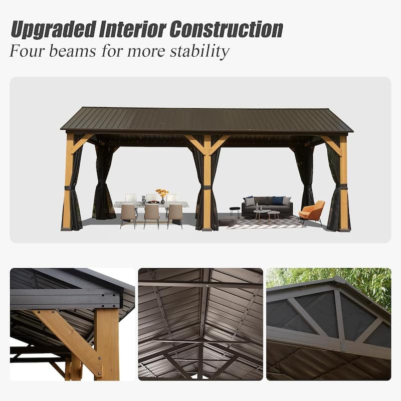 12'x20' Cedar Wood Gazebo with Galvanized Steel Roof, Privacy Walls, and Ceiling Hooks
