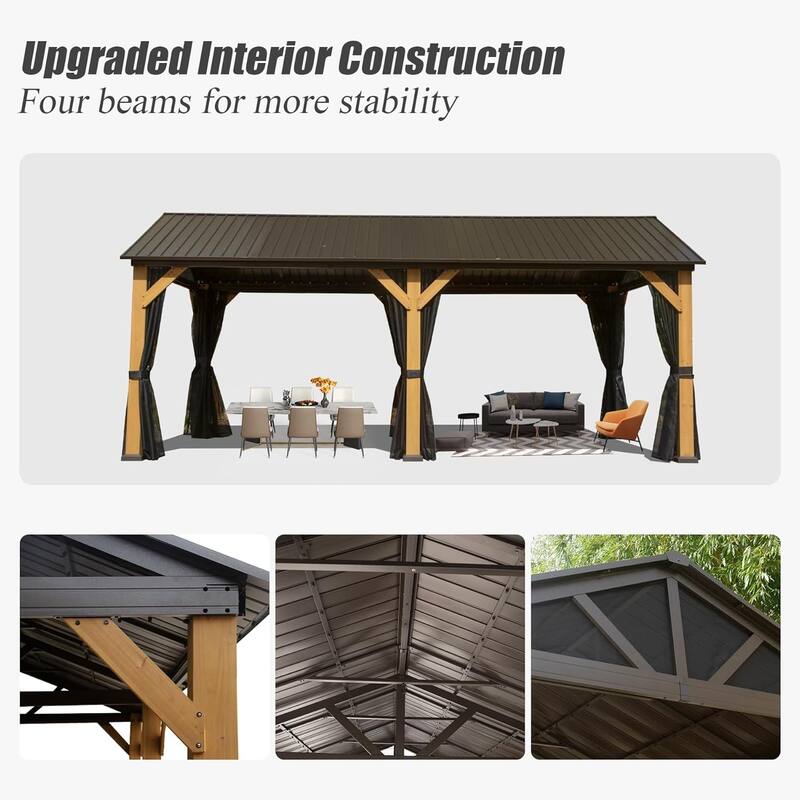 12x20 Cedar Wood Gazebo with Steel Roof for Outdoor Backyard Patio Pool Wind Snow Resistant