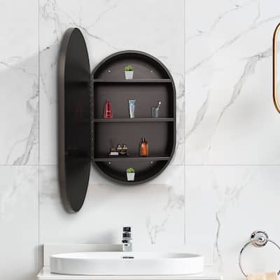 31X21 Inch Oval Black Metal Framed Wall Mount Bathroom Medicine Cabinet With Mirror