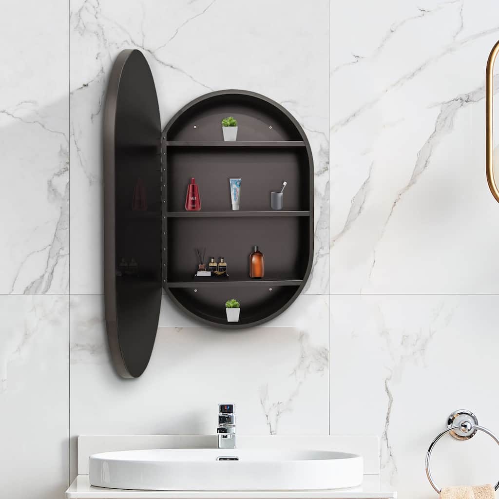31X21 Inch Oval Black Metal Framed Wall Mount Bathroom Medicine Cabinet With Mirror