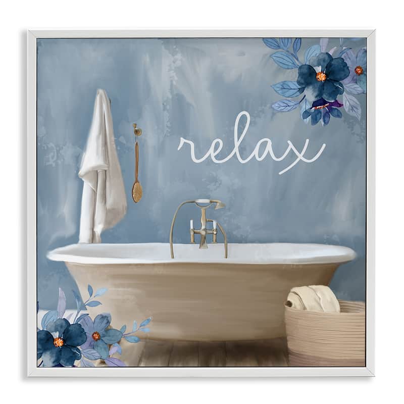 Stupell Blue Floral Relax Bathroom Scene Framed Giclee Texturized Wall Art, Design By Kim Allen - 17 x 17 - White